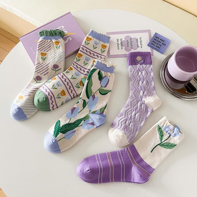 MarJunSep Cute Floral Crew Socks for Women Teen Girls Flower Cottagecore Frilly Vintage Fancy Cotton Socks - Image 2
